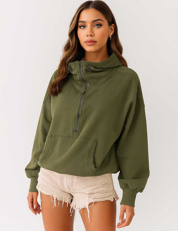 Ladies Hoodie Zip Collar Pocket Long Sleeves Sweatshirt