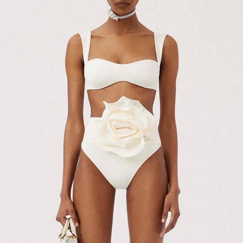 2 Piece Solid Color Flower Swimsuit Bikini Set 6649 - SWEETKAMA