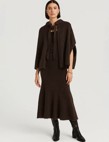 Ladies Solid Color Tie Front Sweater Knit Midi Dress & Cape Set