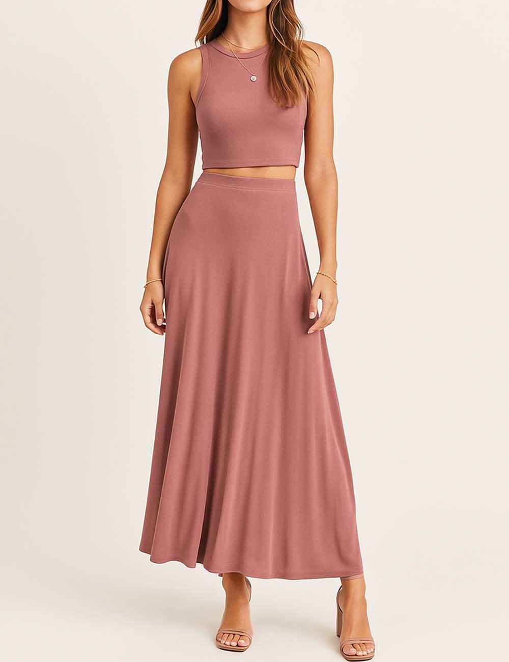 Ladies Knit Round Neck Sleeveless Top & Maxi Skirt Set