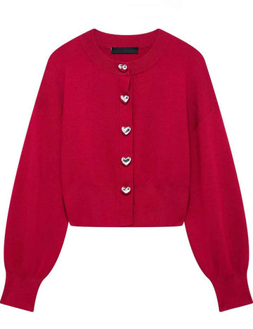 Ladies Solid Color Heart Button Knitted Cardigan