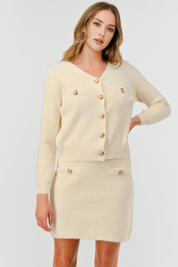 Women V-Neck Ivory Knit Sweater Cardigan & Skirt 2PCS Set