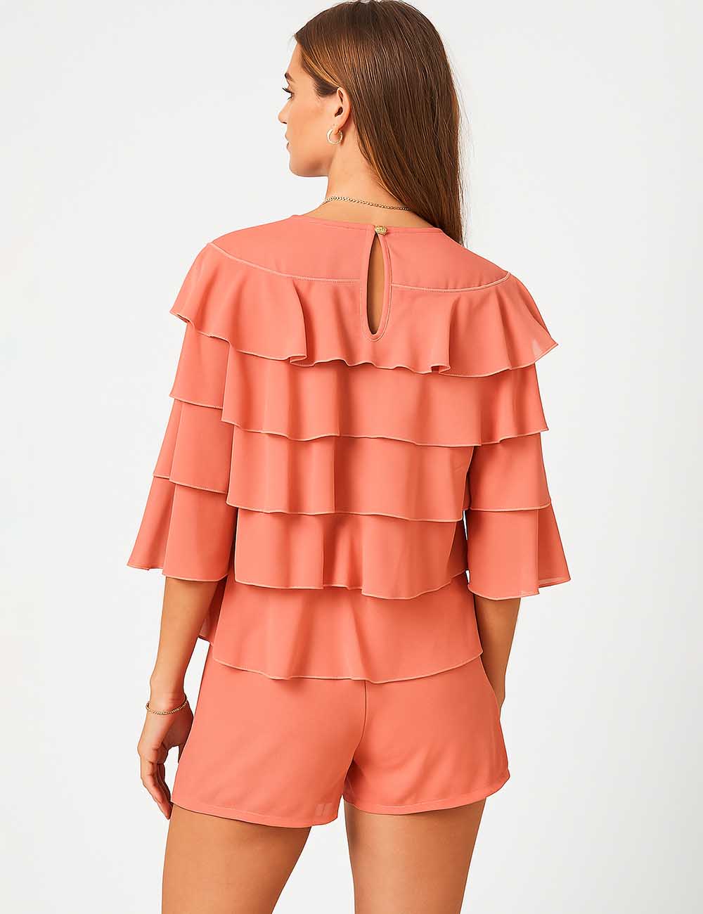 Ladies Tiered Ruffle Blouse Wide Leg Shorts 2PCS Set