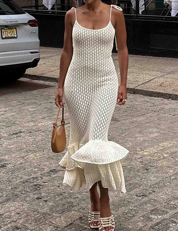 Ladies Cami Hollow Out Ruffle Hem Knit Midi Dress SKD50184