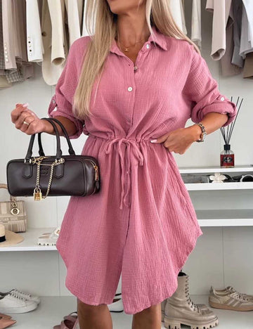 Ladies Solid Color Turndown Collar Long Sleeves Midi Dress