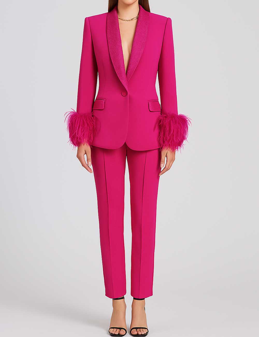 Ladies Solid Color Rhinestone Ostrich Fringe Blazer & Pants Suit