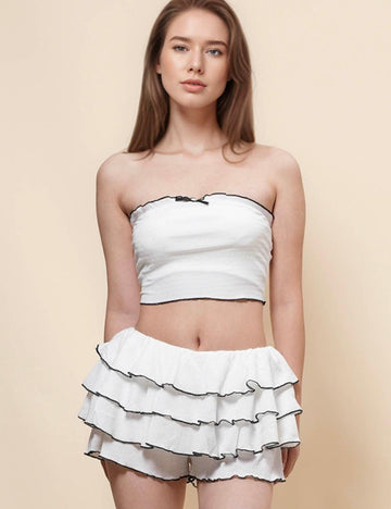 Ladies Ruffle Color Block Elastic Bandeau Shorts Set SKST5003