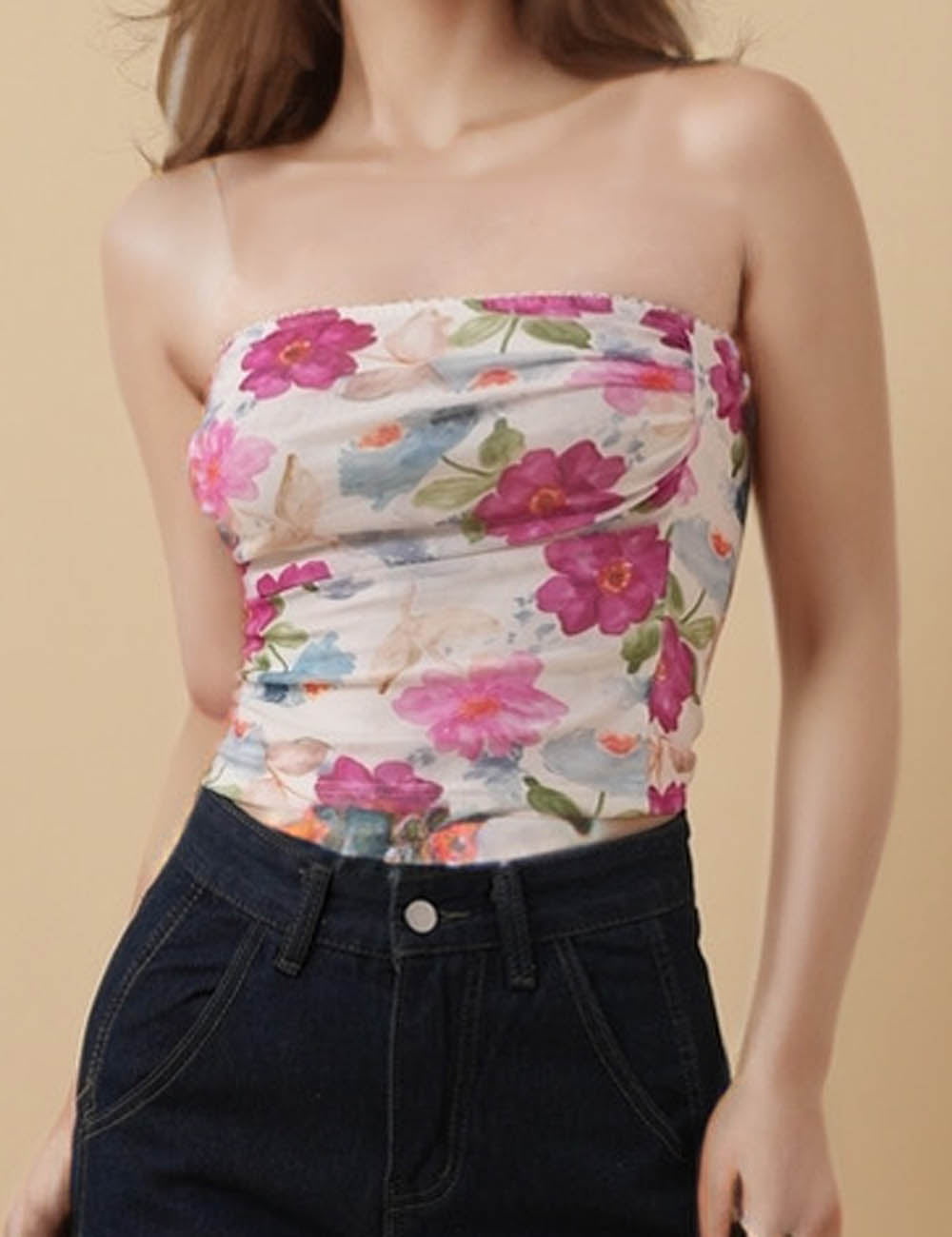 Ladies Floral Print Strapless Crop Tube Top 8SKT5M76