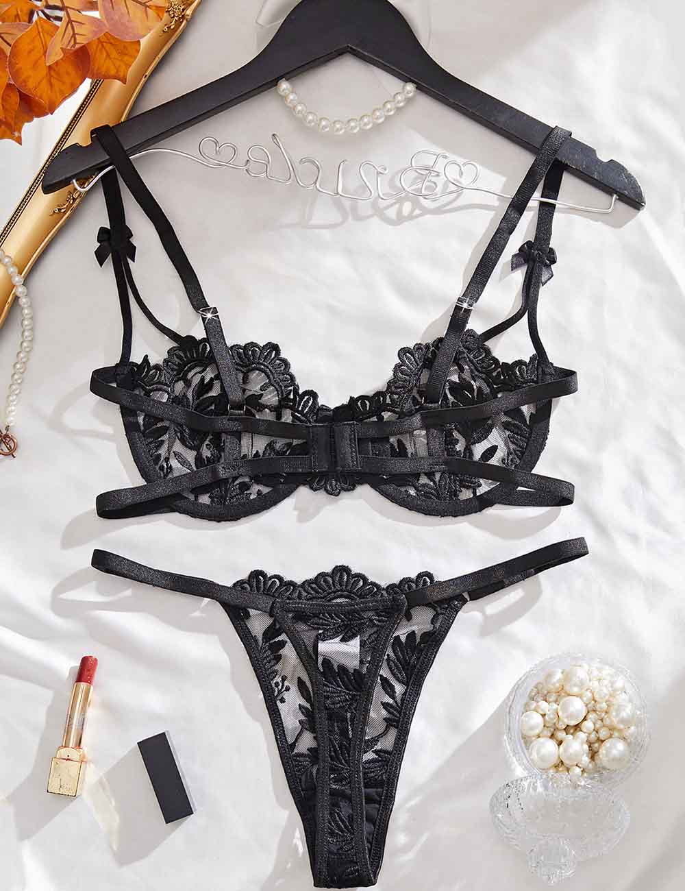 Ladies Floral Embroidery See Through Bra Thong Lingerie Set