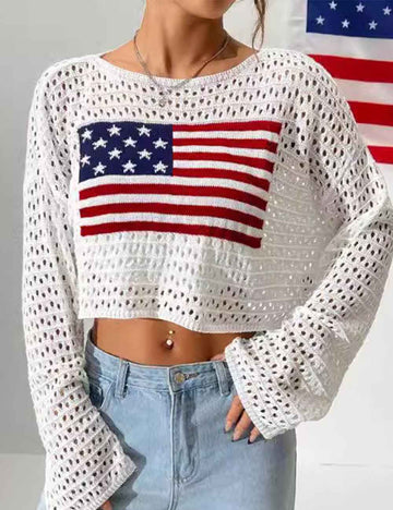 Ladies Stars & Striped Pattern Eyelets Knit Blouse
