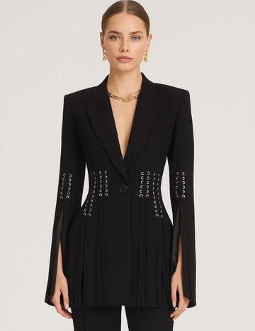 Ladies Lace-Up Design Black Blazer Coat Q2081