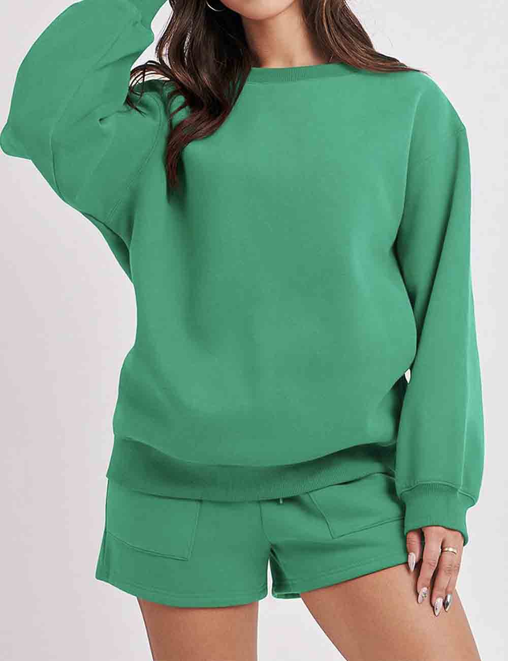 Ladies Solid Color Long Sleeves Sweatshirt & Shorts Set