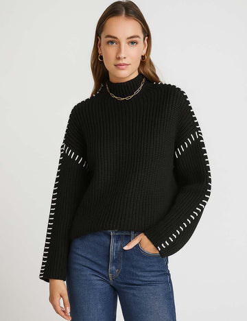Ladies Color Block Stitching Stand Neck Long Sleeves Sweater