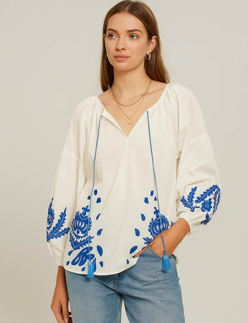 Ladies Boho Embroidery Color Block Round Neck Blouse