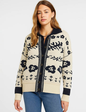 Ladies Color Block Lapel Collar Floral Pattern Sweater Cardigan