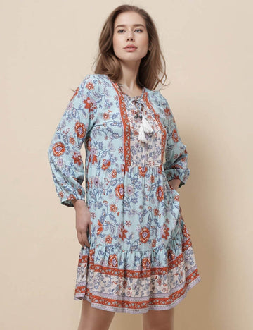 Ladies V-Neck Long Sleeves Floral Print Mini Dress SKD51166