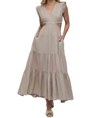 Ladies V-Neck Cutout Ruffle Short Sleeves Maxi Dress