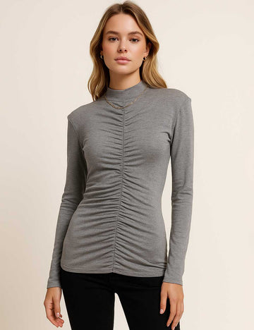 Ladies Solid Color Turtleneck Front Ruched Layering Top
