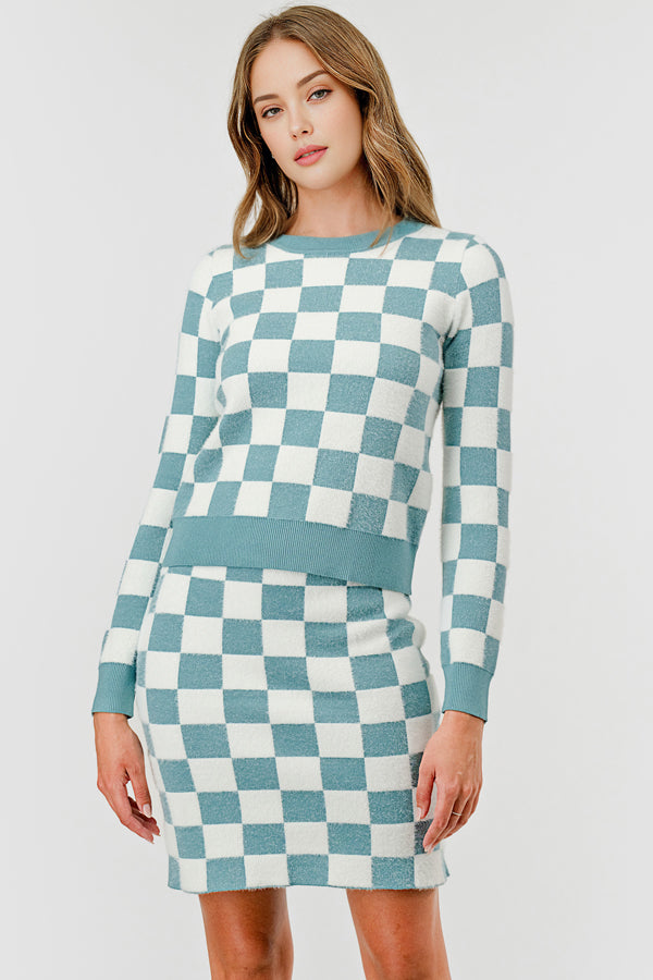 Round Neck Color Contrast Checkered Sweater & Skirt Set DBLST4020