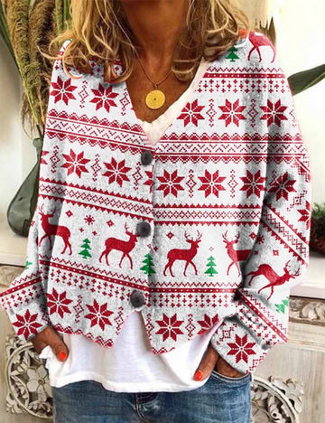 Ladies V Neck Button Long Sleeves Digital Print Cardigan