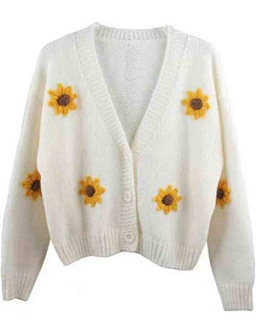 Ladies V-Neck Sunflower Pattern Button Knit Cardigan