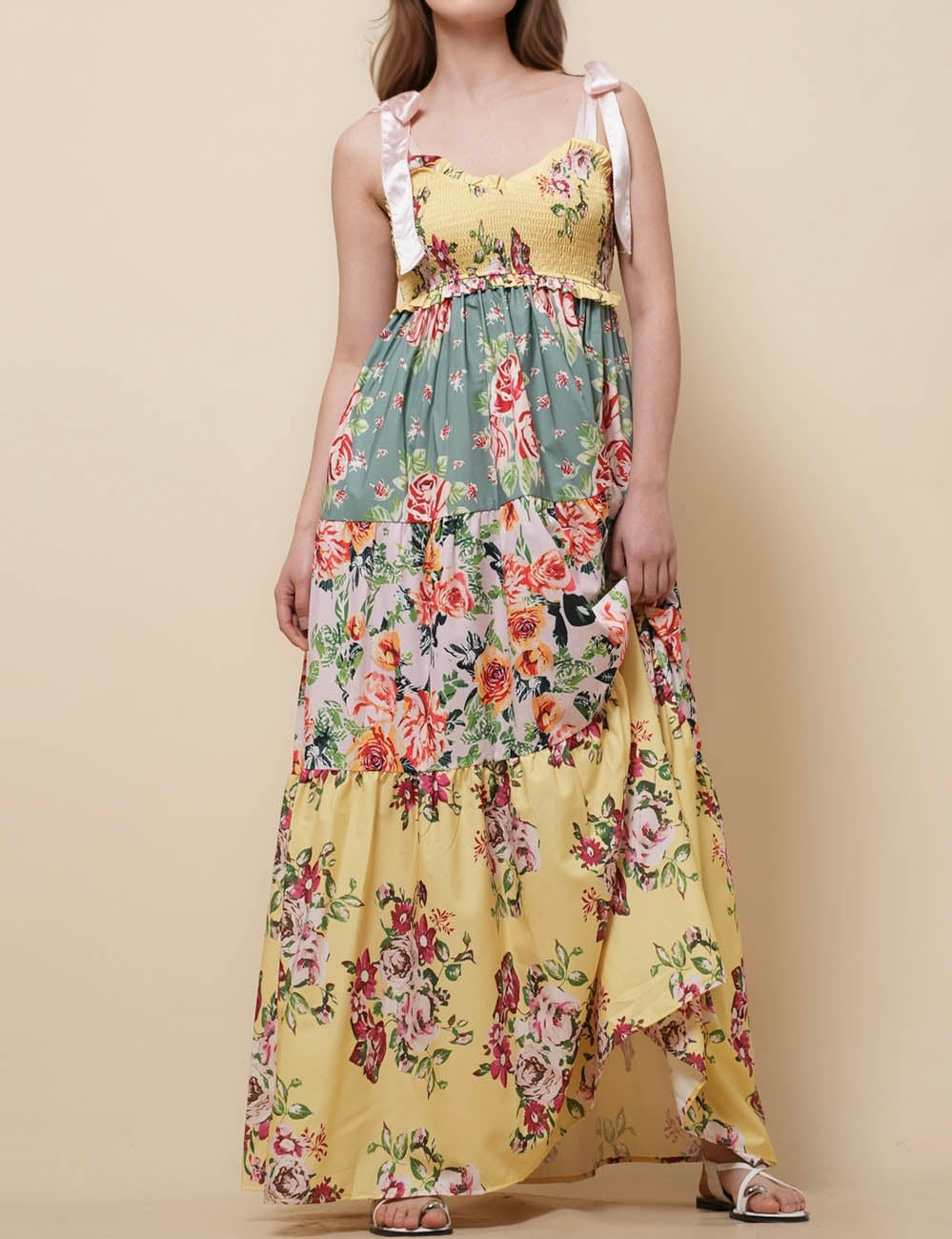Ladies Strape Tie Shoulder Floral Print Maxi Dress SKD50568
