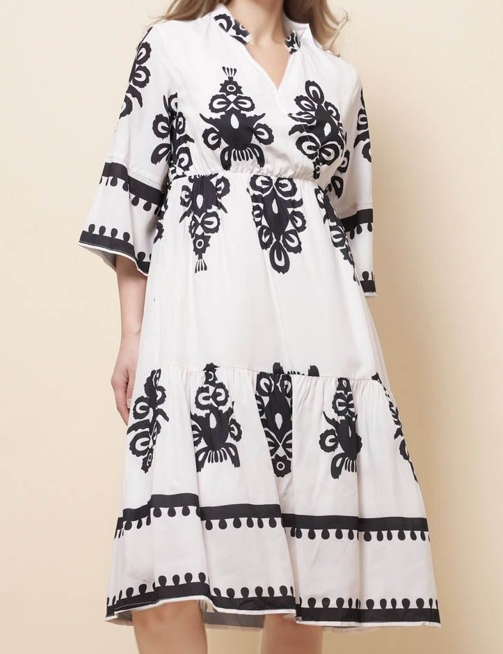 Ladies Floral Print V-Neck 3/4 Sleeves Mini Dress SKD51259