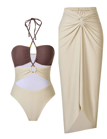 Ladies Halter Hollow Out One Piece Swimwear with Salong