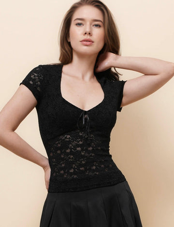 Ladies V-Neck Short Sleeves Hollow Out Crop Top SKT51084