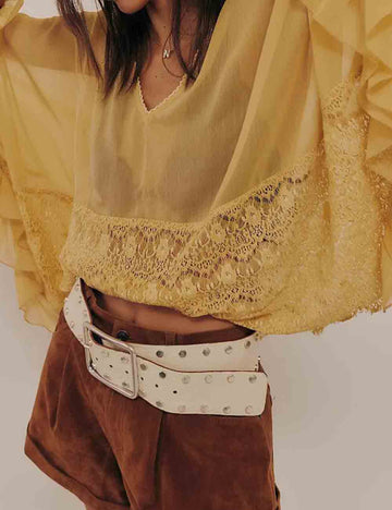 Ladies Lace Ruffle Batwing Sleeves See Through Blouse