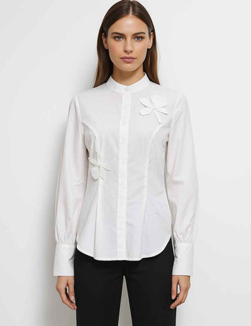 Ladies Solid Color Floral Embroidery Band Collar Button Blouse