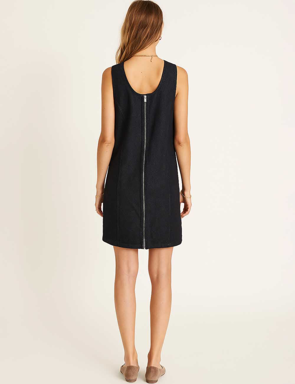 Ladies U-Neck Zipper Back Sleeveless Denim Mini Dress