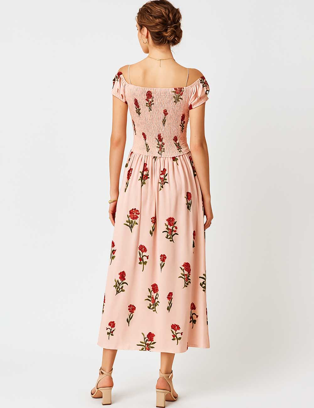 Ladies Floral Print Puff Sleeves Smocked Back Maxi Dress