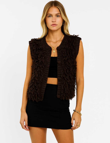 Ladies Loopy Knit Round Neck Button Front Sweater Vest