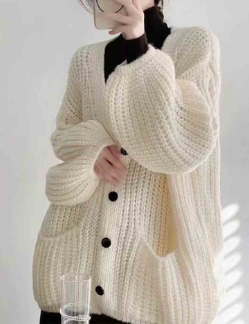 Ladies Solid Color V-Neck Lantern Sleeves Knit Cardigan