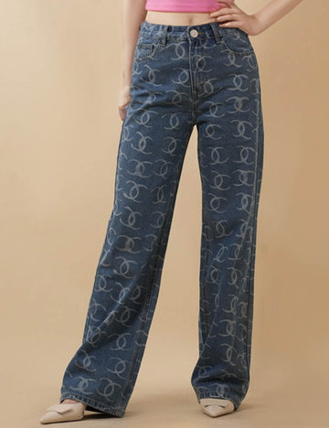 Ladies Letter Print Color Block Glitter Straight Leg Denim Pants