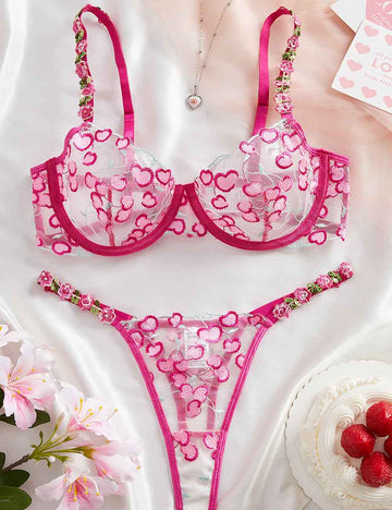 Ladies Heart Embroidery Color Block See Through Lingerie Set