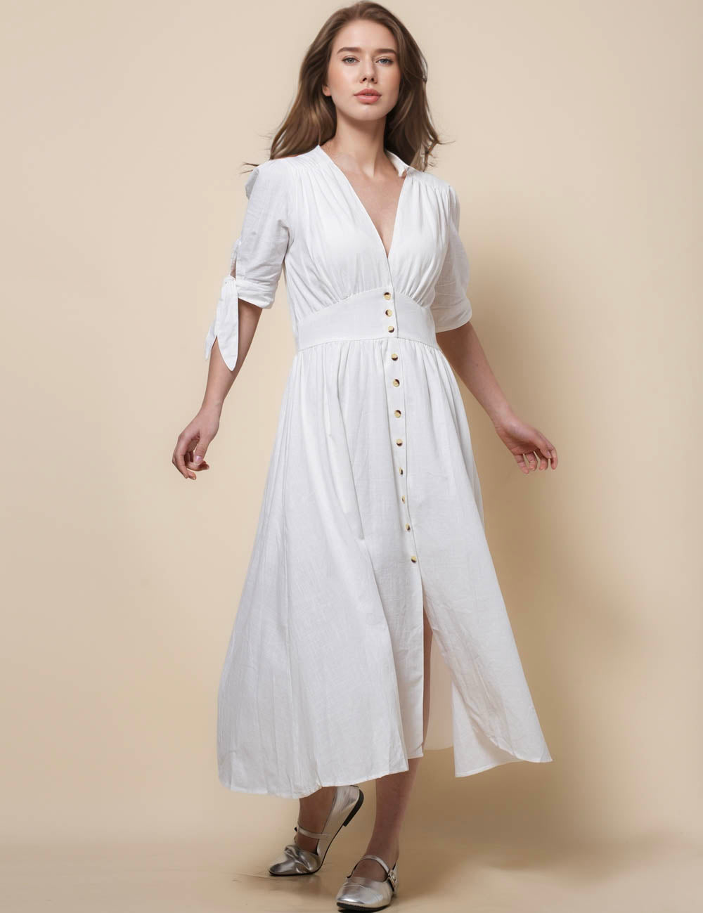 Women White Short Sleeves Bowknot Midi Dress SKD152