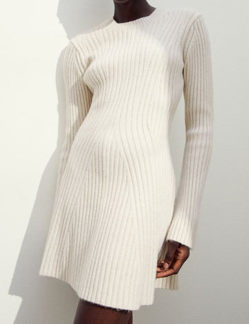 Ladies Rib Round Neck Sweater Mini Dress SKD41064