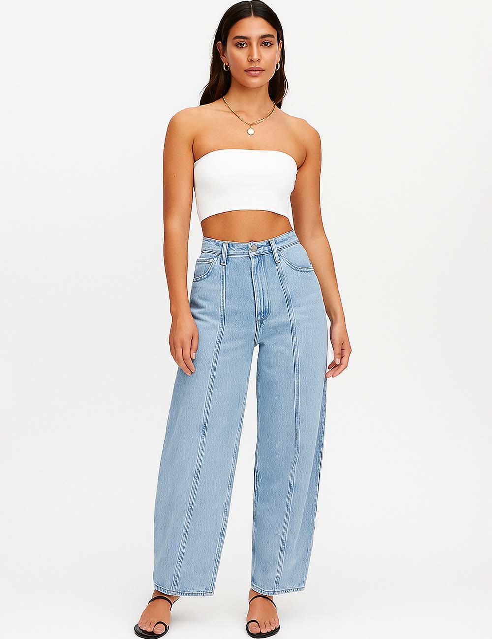 Ladies Stitch Zip Fly Wide Leg Denim Pants