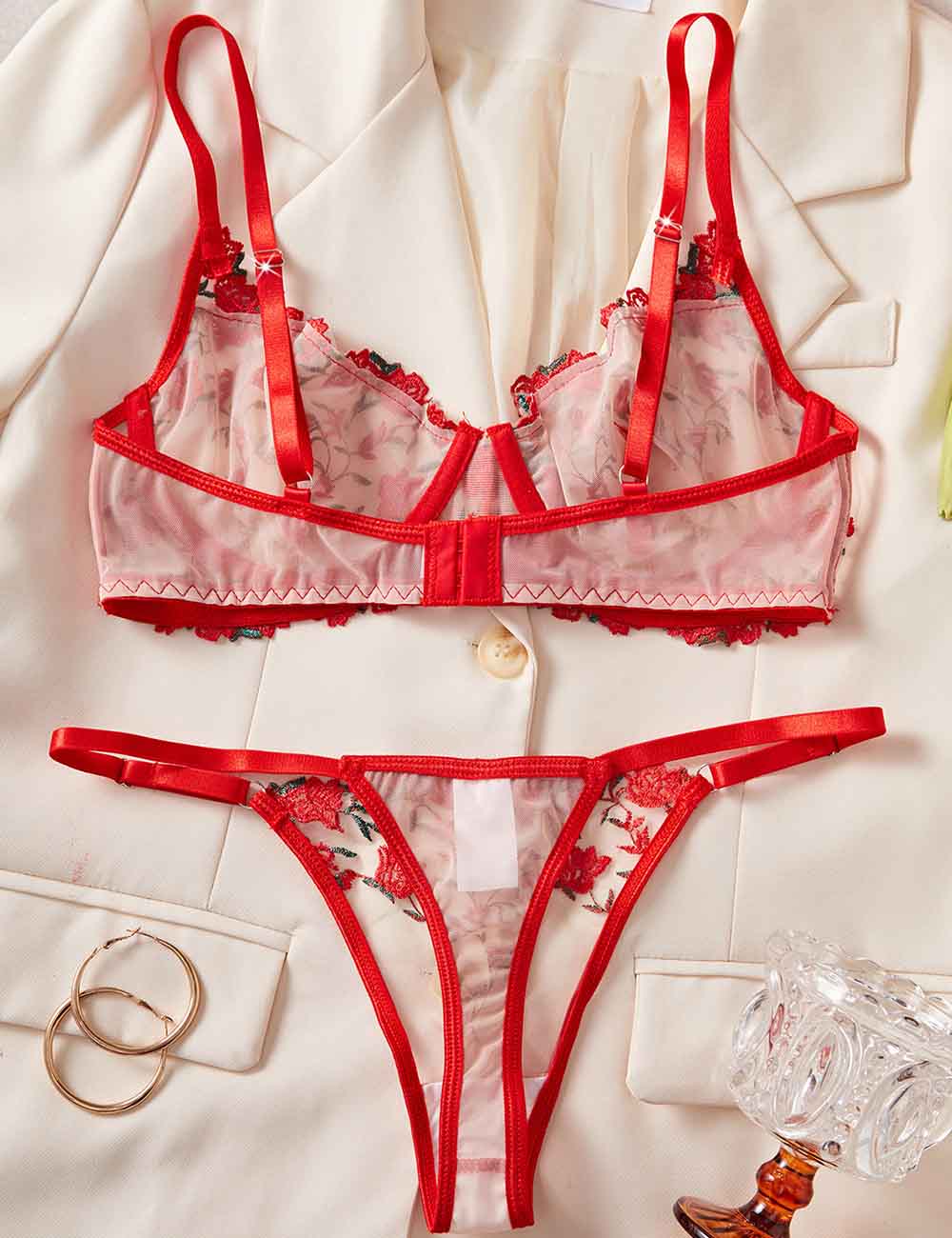 Ladies Sexy Floral Embroidery See Sheer Lingerie Set