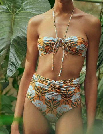 Ladies String Tie Floral Print 2pcs Bikini Set with Salong