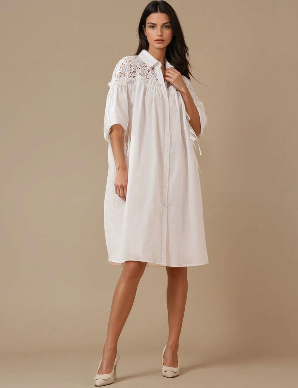 Ladies Floral Lace Hallow Out Shoulder Wihite Mini Dress SKD5K20