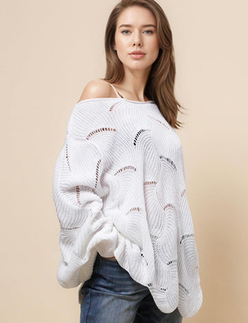 Ladies White Hallow Out Pullover Sweater SKT4892