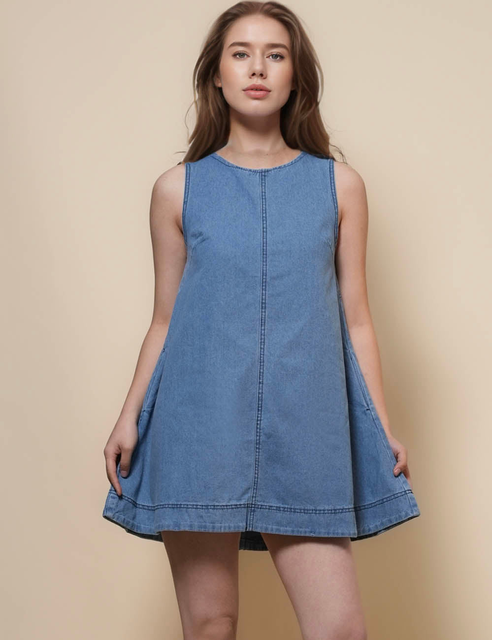 Ladies Sleeveless Back Cut Out Denim Mini Dress SKD50014