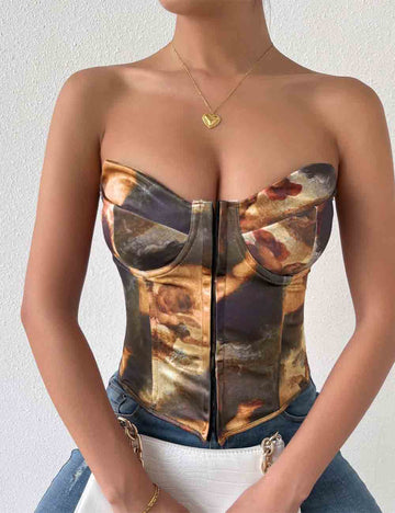 Ladies Multicolor Corset Graphic Print Criss Cross Tube Top