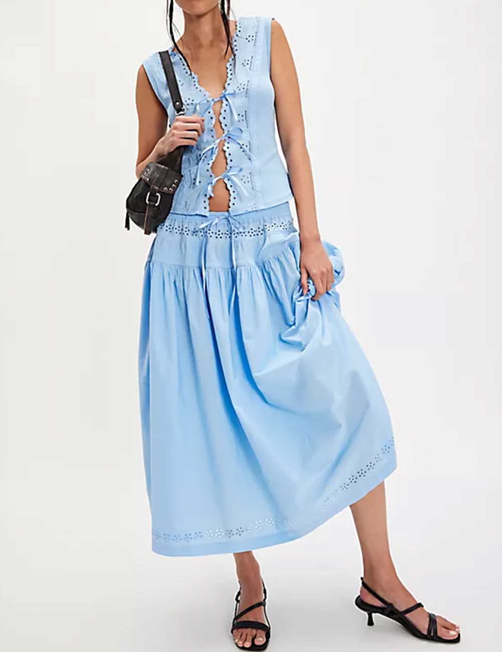 Ladies Eyelet String Tie Sleeveless Vest Top & Skirt Set