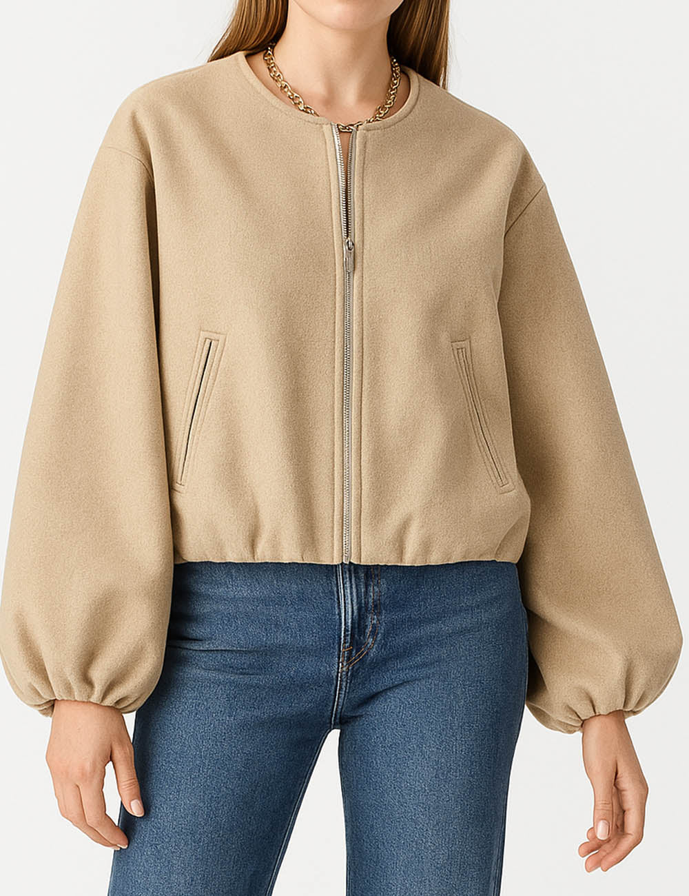 Ladies Round Neck Zipper Front Puff Sleeves Jacket