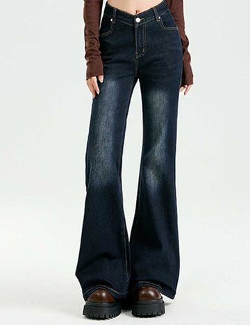 Ladies Button Pocket Flared Leg Denim Pants