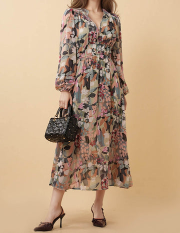 Ladies V-Neck Long Sleeves Floral Print Midi Dress 8SKD51171